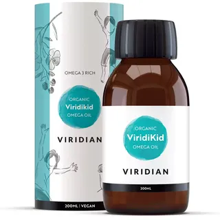 Viridian ViridiKid Omega Oil, 200ml bottle and packaging, labelled organic and vegan.