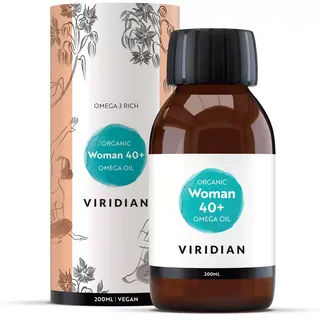 Viridian Organic Woman 40+ Omega Oil, 200ml bottle and packaging with floral design.