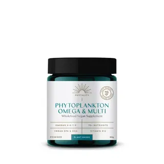 Phytoplankton Omega & Multi vegan supplement jar, 60g, with black lid.