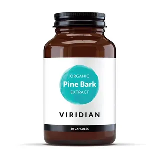Brown bottle of Viridian Organic Pine Bark Extract, 30 capsules.
