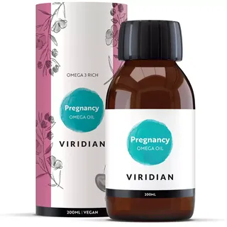 Viridian Pregnancy Omega Oil, 200ml bottle and box with floral design.