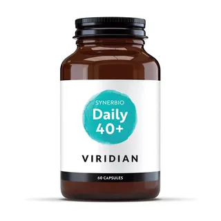 Brown bottle of Viridian Synerbio Daily 40+ with 60 capsules.