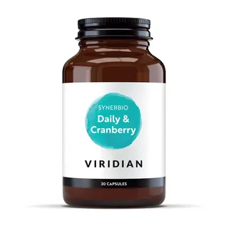 Viridian Synerbio Daily & Cranberry capsules, 30 count, in a brown bottle.