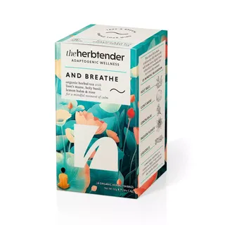 Herbal tea box with floral design, labelled "And Breathe" by The Herbtender. Contains 18 teabags.
