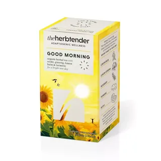 The Herb Tender Good Morning tea box with sunflowers and sun design. Contains 18 organic herbal teabags.