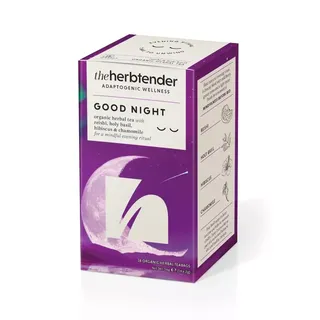 Purple box of herbal tea with reishi, holy basil, hibiscus, and chamomile. Contains 18 teabags.