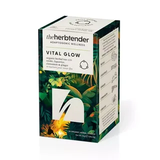 Vital Glow herbal tea box with reishi, liquorice, cinnamon, and ginger. 18 teabags.