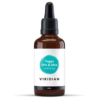 Brown bottle with dropper, labelled "Vegan EPA & DHA Omega Oil, Viridian, 30ml".