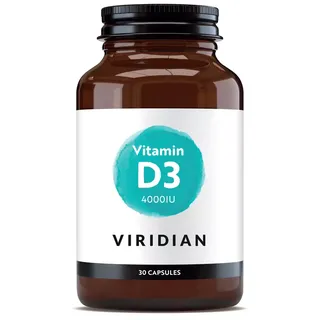 Brown bottle of Viridian Vitamin D3, 4000IU, 30 capsules.