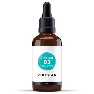 Viridian Viridikid D3 400IU drops, 50ml brown bottle with dropper.