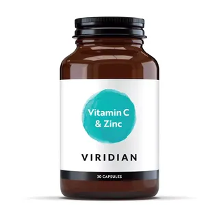 Brown bottle labelled "Vitamin C & Zinc" by Viridian, 30 capsules.