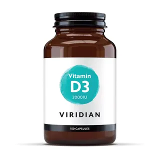 Brown bottle of Viridian Vitamin D3, 2000IU, 150 capsules.