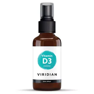 Brown bottle of Viridian Vitamin D3 2000IU, 20ml spray.