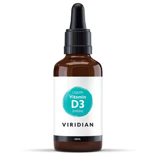 Brown bottle with dropper, labelled "Viridian Liquid Vitamin D3 2000IU 50ml".