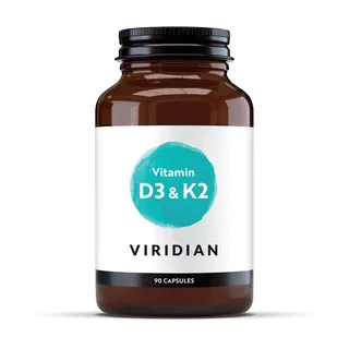 Brown bottle labelled "Vitamin D3 & K2" by Viridian, 90 capsules.
