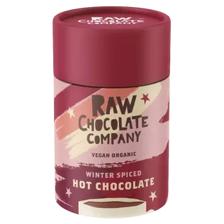 Red container of Raw Chocolate Company vegan organic hot chocolate.