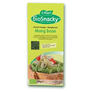 A.Vogel bioSnacky Mung bean seeds, 40g pack, with sprouted beans on bread.