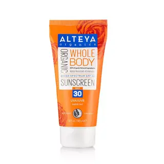 Alteya Organics Whole Body Sunscreen SPF 30, 90ml tube, orange with floral design.