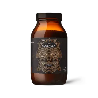 Brown jar with "Ancient + Brave True Collagen" label, geometric design, 200g.