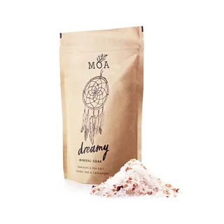MOA Dreamy Mineral Soak pouch with Himalayan sea salt pile.