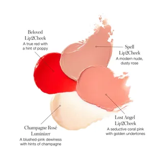 Four makeup swatches: red, nude, coral pink, and champagne with text labels.