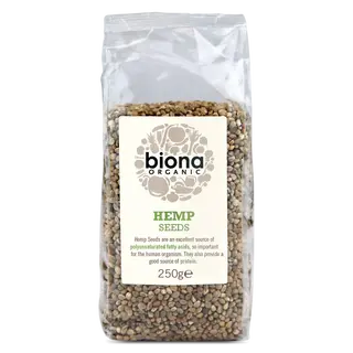 Biona Organic Hemp Seeds, 250g pack, clear bag with label detailing nutritional benefits.