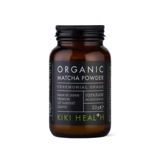 Brown jar of organic matcha powder, 30g, by Kiki Health. Made in Japan, ceremonial grade.