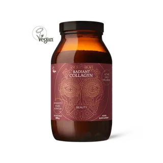 Brown jar of Ancient + Brave Radiant Collagyn, 200g, vegan food supplement.