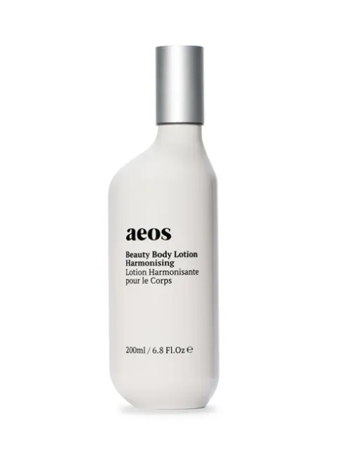 Aeos Beauty Body Lotion Harmonising, 200ml bottle with silver cap.
