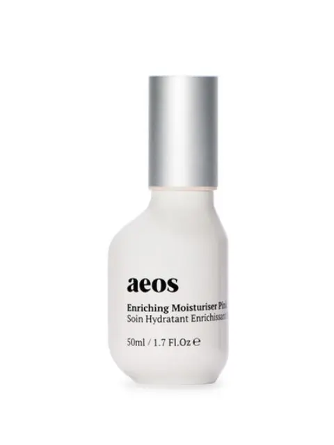 Aeos Enriching Moisturiser Plus, 50ml bottle with silver cap.