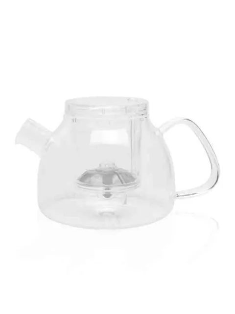 Clear glass teapot with handle and spout, featuring an internal infuser.