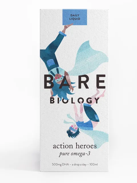 Bare Biology Action Heroes omega-3, 500mg DHA, daily liquid, 100ml, cartoon heroes on box.