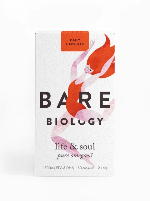 Bare Biology Life & Soul Omega-3 capsules, 60 count, daily use.