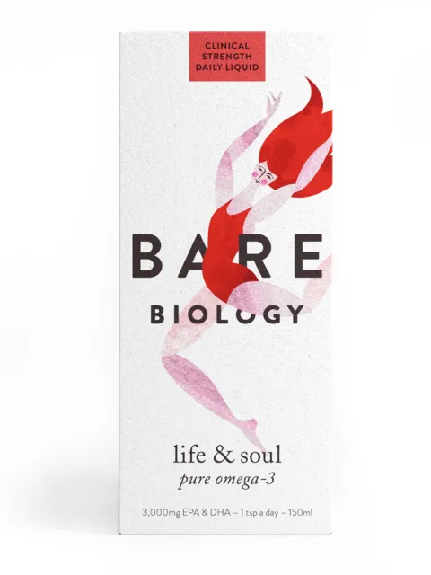 Bare Biology omega-3 liquid box with red-haired figure illustration.