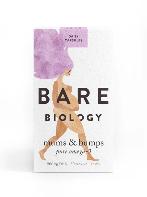 Bare Biology Mums & Bumps omega-3 capsules, 560mg DHA, 30 capsules, daily use.