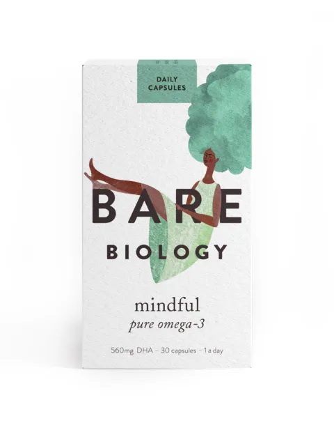 Bare Biology Mindful Omega-3 capsules, 560mg DHA, 30 capsules, 1 a day.