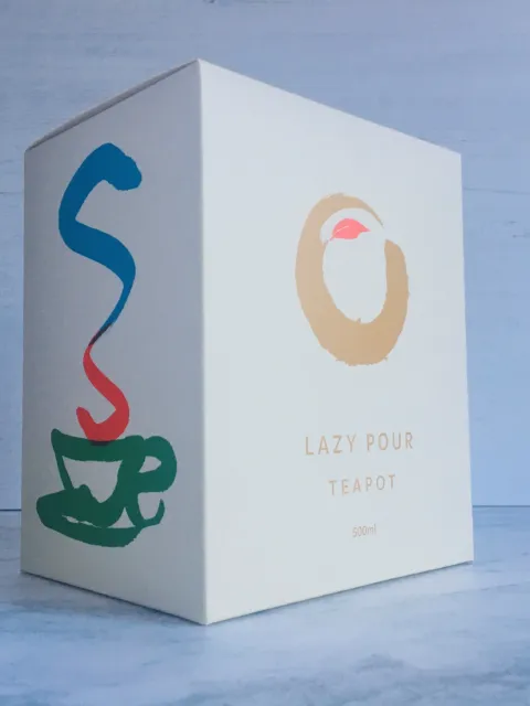 Box with "Lazy Pour Teapot 500ml" text and colourful cup design.