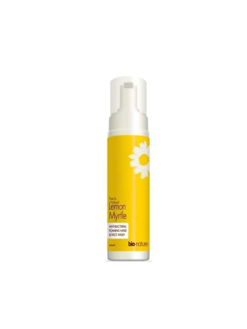 Yellow bottle of Lemon Myrtle antibacterial foaming hand and face wash, 250ml, by bio-nature.