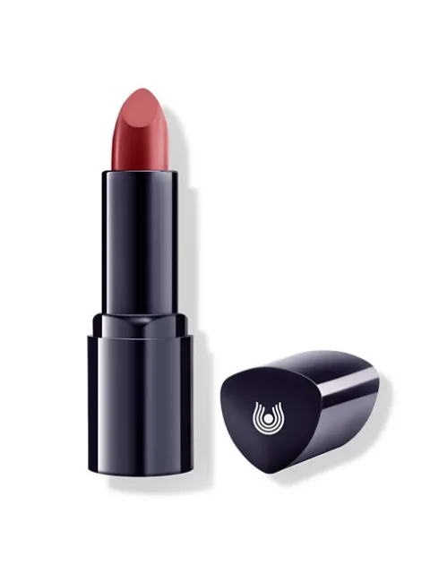 Red lipstick with black casing and cap featuring a white logo.