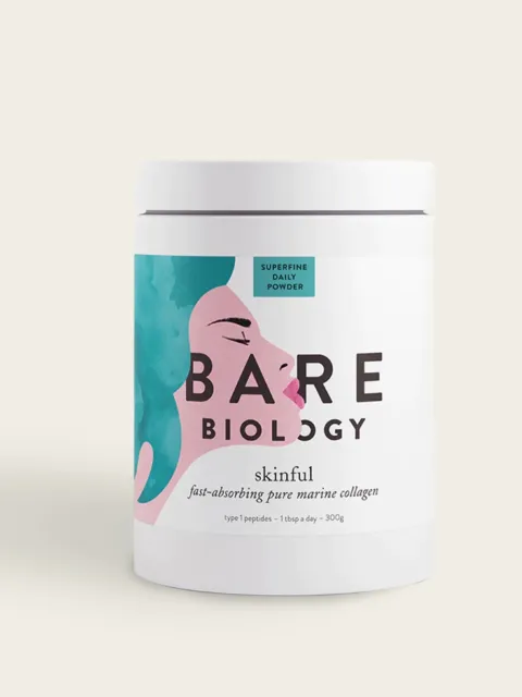 Bare Biology Skinful marine collagen powder, 300g tub with illustrated face design.