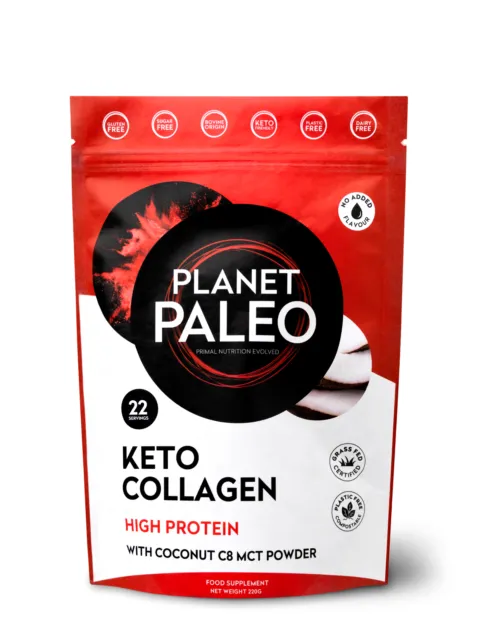 Planet Paleo Keto Collagen pouch, high protein, 22 servings, coconut C8 MCT powder.