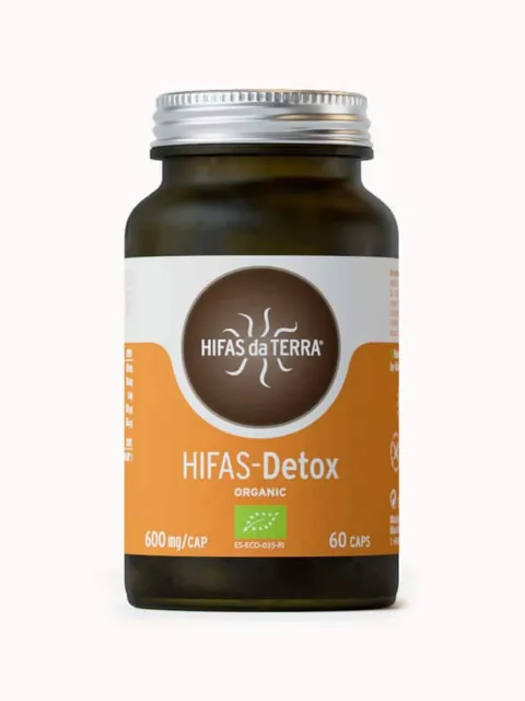 Hifas da Terra Detox supplement bottle, 60 capsules, 600 mg each, organic certification.