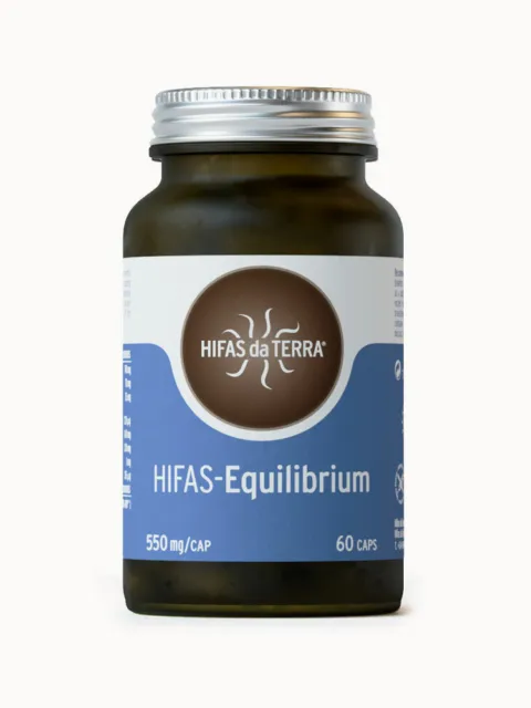 Brown bottle of Hifas da Terra Equilibrium, 550 mg, 60 capsules.