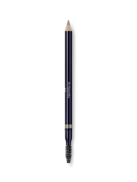 Dual-ended eyebrow pencil with brush, navy casing, on white background.