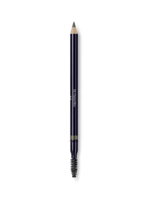Dark blue eyebrow pencil with spoolie brush on white background.