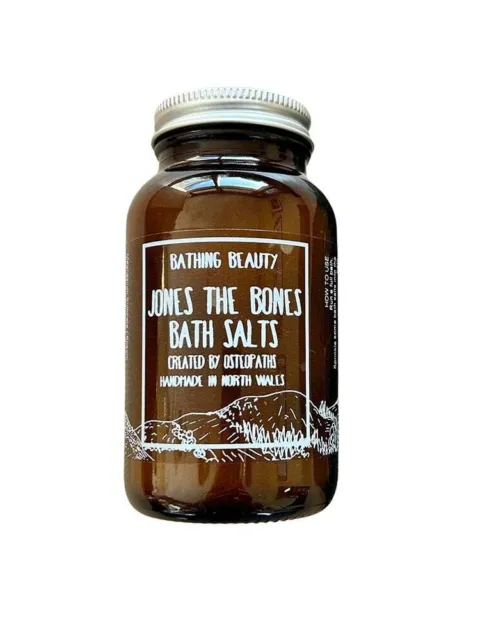 Brown jar of Jones the Bones Bath Salts, created by osteopaths in North Wales.