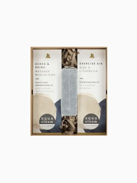 Aqua Oleum gift set with body oils for aches and exercise aid in a box.