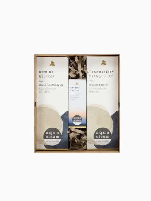 Gift set with Aqua Oleum body oils: Unwind, Tranquility, and Serenity.