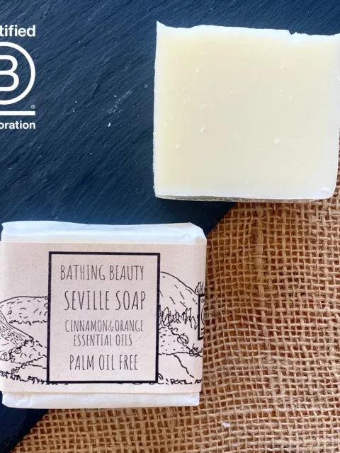 Seville soap with cinnamon and orange essential oils, palm oil free, on slate and burlap.
