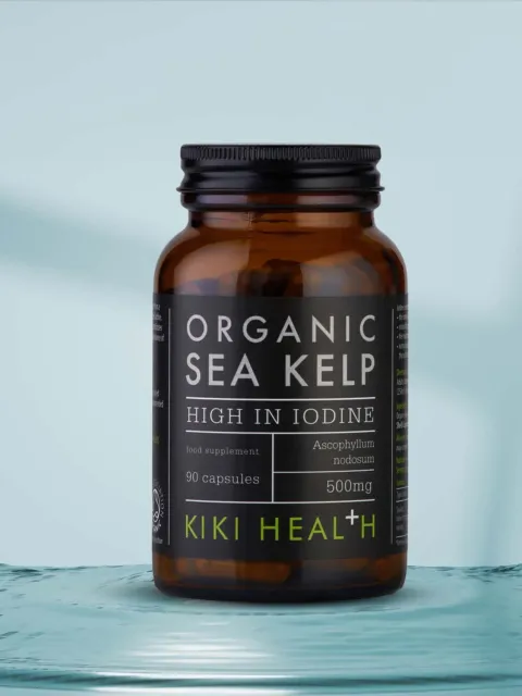 Brown bottle of Kiki Health Organic Sea Kelp capsules, high in iodine, 500mg, 90 capsules.